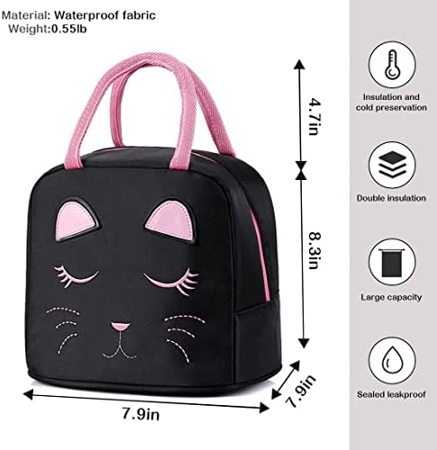 פאו-וו-ג ' יי Cute Cat Black School Backpack with Lunch Box for 8-16 Year Old Girls, Elementary School Bags Bookbags for Kids